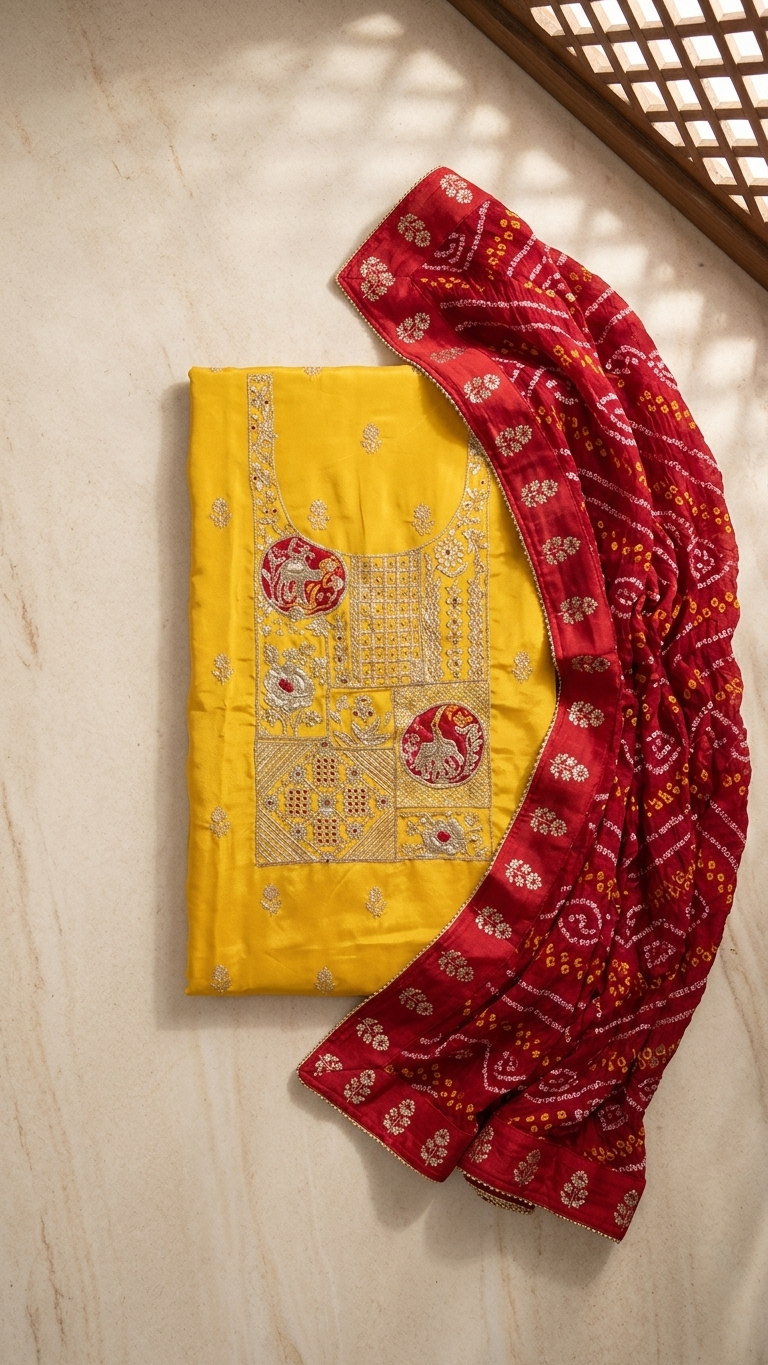 Dabka Hand Work With Bandhani Dupatta Un-Stitched Suit Fabric