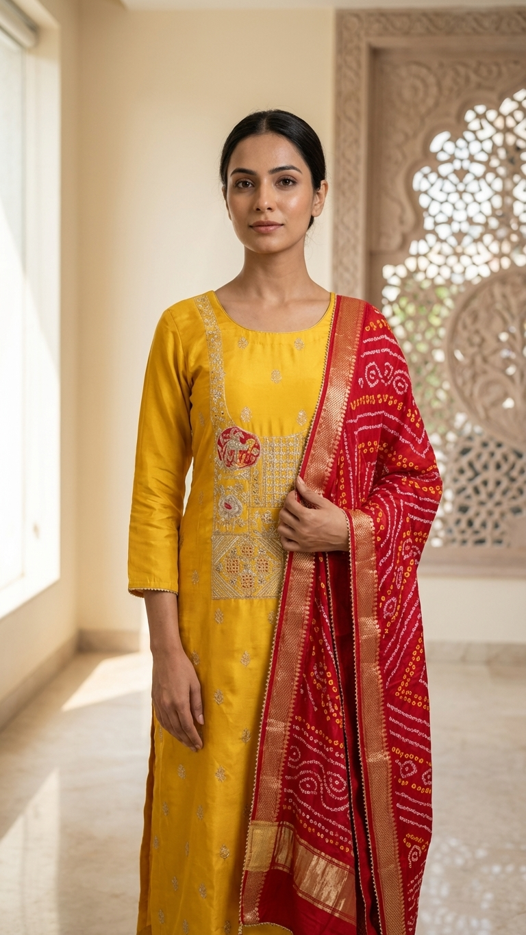 Dabka Hand Work With Bandhani Dupatta Un-Stitched Suit Fabric