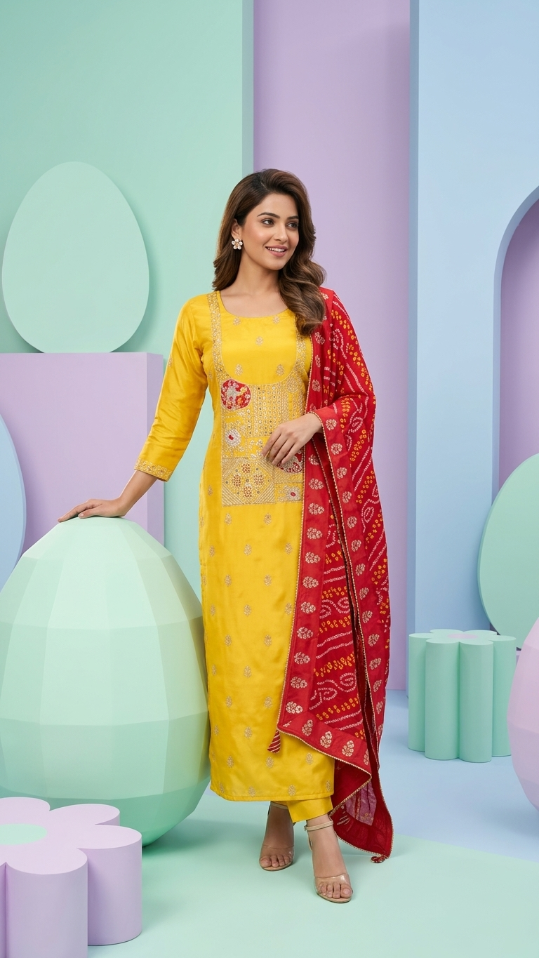 Dabka Hand Work With Bandhani Dupatta Un-Stitched Suit Fabric