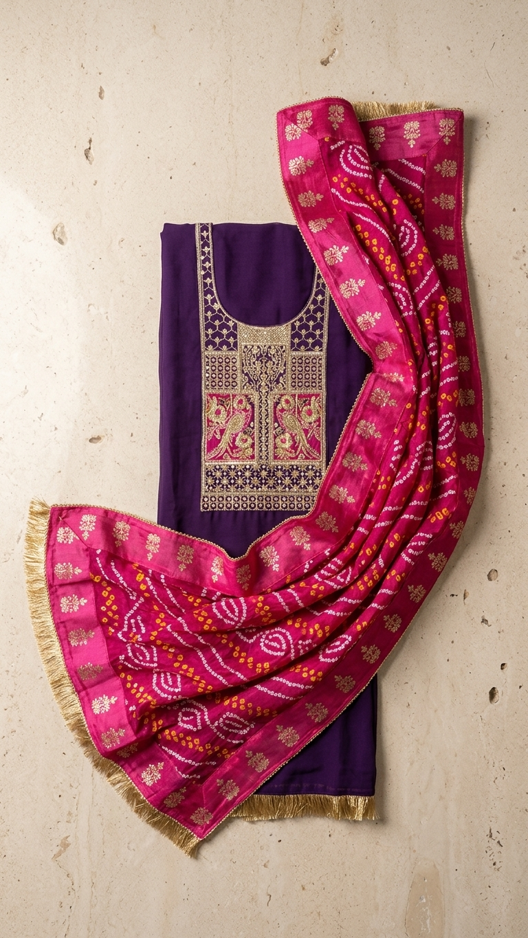 Dabka Hand Work With Bandhani Dupatta Un-Stitched Suit Fabric