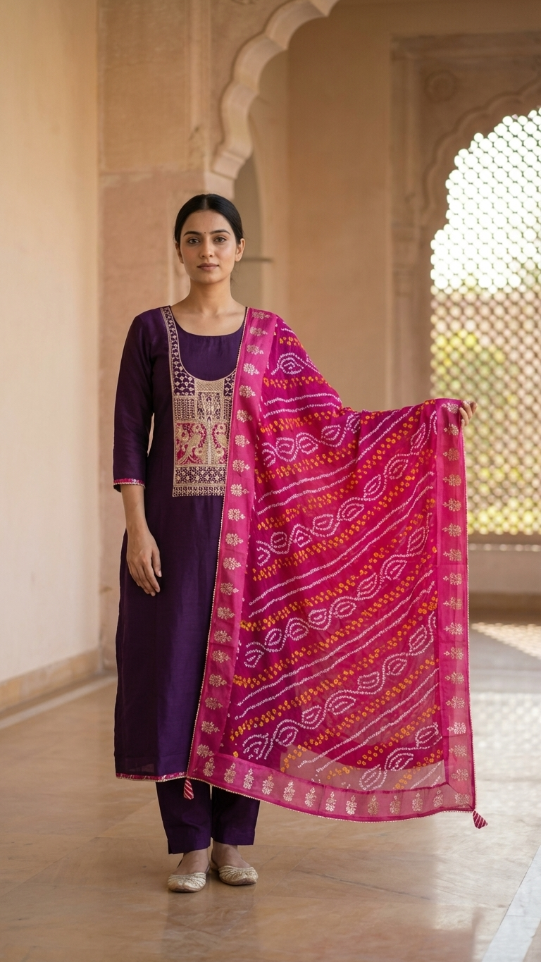 Dabka Hand Work With Bandhani Dupatta Un-Stitched Suit Fabric