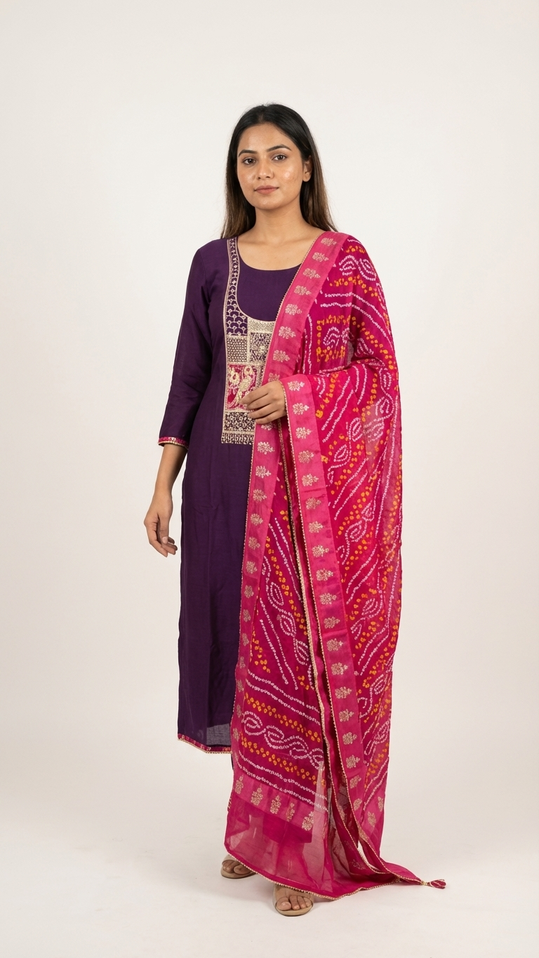 Dabka Hand Work With Bandhani Dupatta Un-Stitched Suit Fabric
