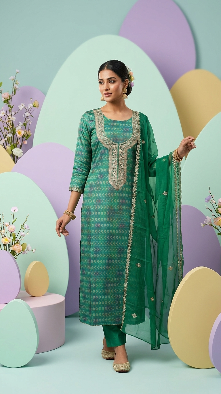 Green Cotton Organza Unstitched Suit Fabric