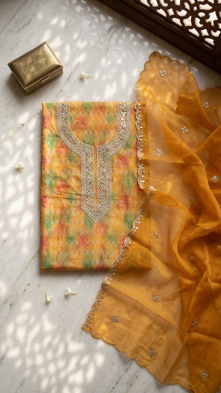 Mustard Yellow Cotton Organza Unstitched Suit Fabric