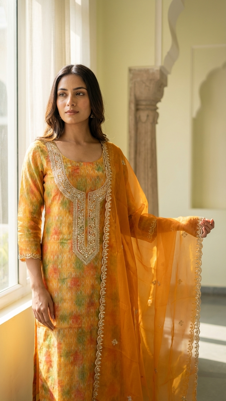 Mustard Yellow Cotton Organza Unstitched Suit Fabric