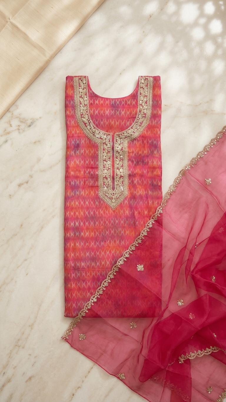 Rani Pink  Cotton Organza Unstitched Suit Fabric