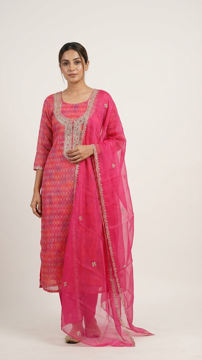 Rani Pink  Cotton Organza Unstitched Suit Fabric