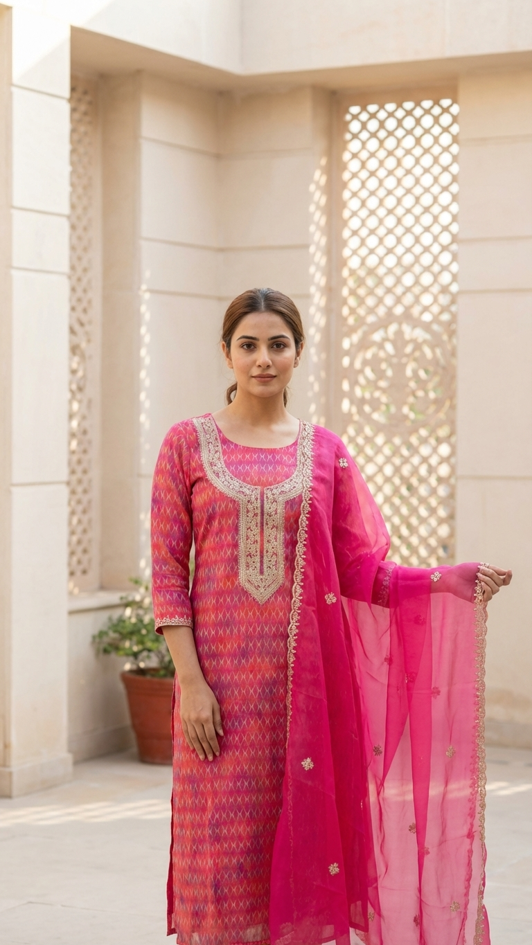 Rani Pink  Cotton Organza Unstitched Suit Fabric