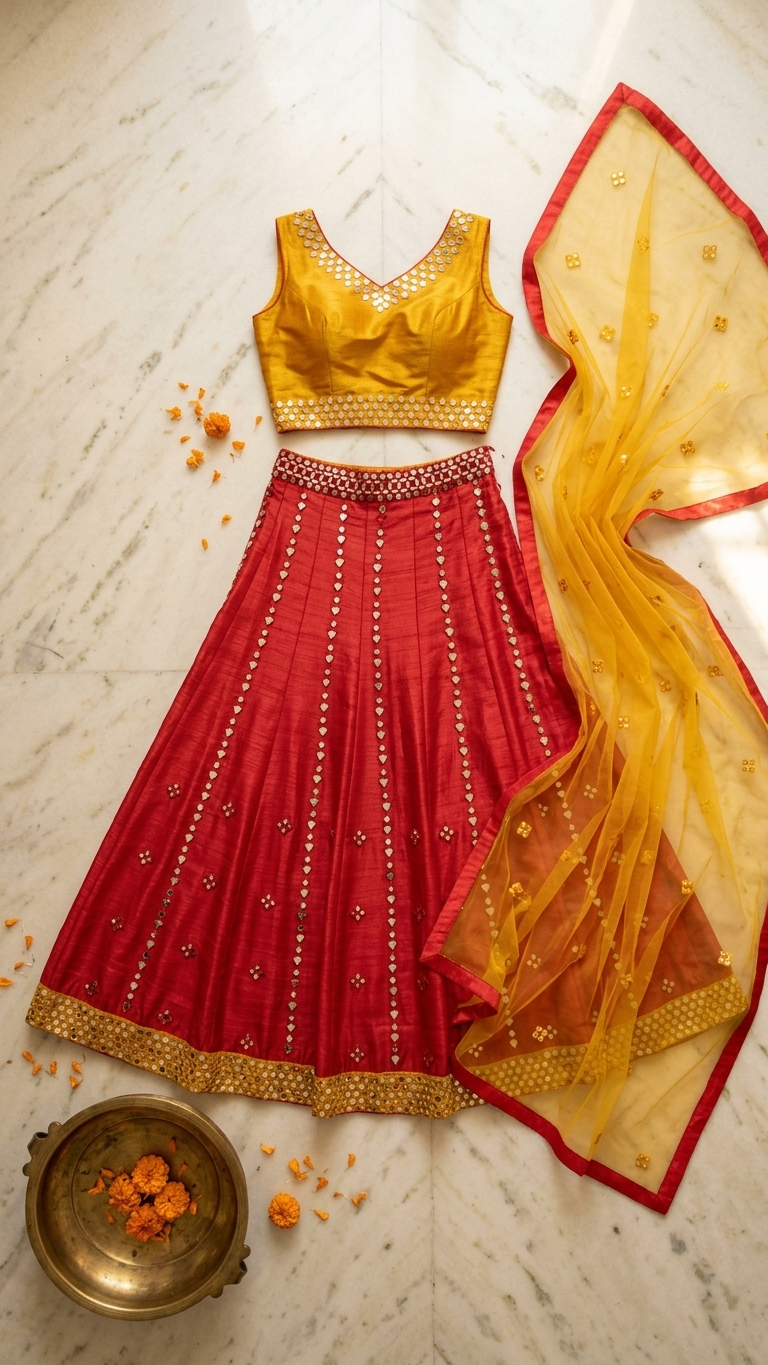 Red and Yellow Lehenga Choli Set with Mirror-Like Detailing and Sheer Dupatta