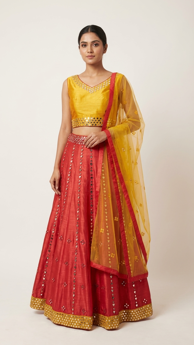 Red and Yellow Lehenga Choli Set with Mirror-Like Detailing and Sheer Dupatta