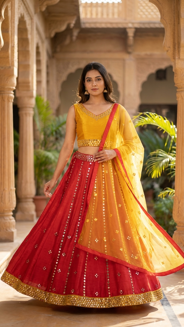 Red and Yellow Lehenga Choli Set with Mirror-Like Detailing and Sheer Dupatta