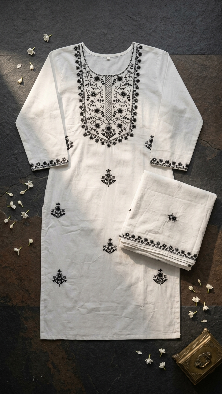 Elegant White Ethnic Kurta Set with Intricate Black Detailing and Matching Dupatta