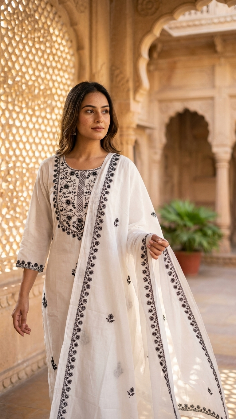 Elegant White Ethnic Kurta Set with Intricate Black Detailing and Matching Dupatta