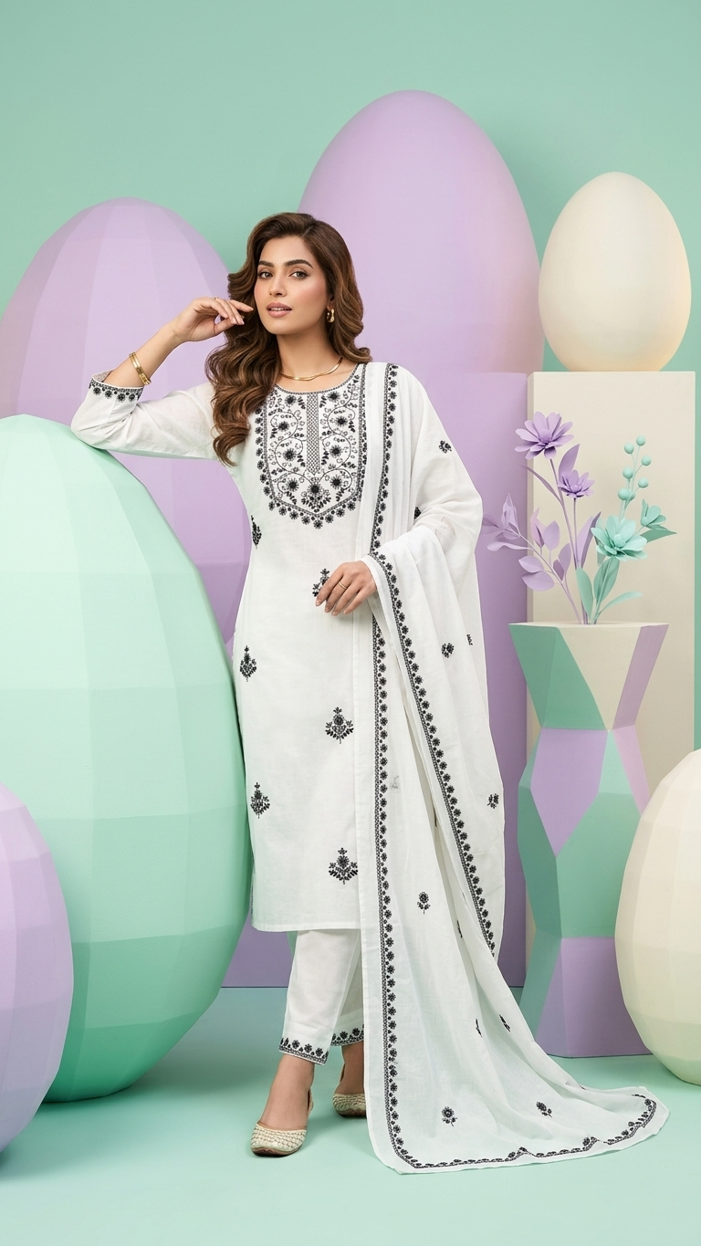 Elegant White Ethnic Kurta Set with Intricate Black Detailing and Matching Dupatta