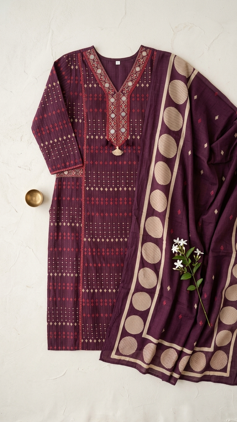 Wine Purple Geometric Print Kurti Set with Embroidered V-Neck and Matching Dupatta