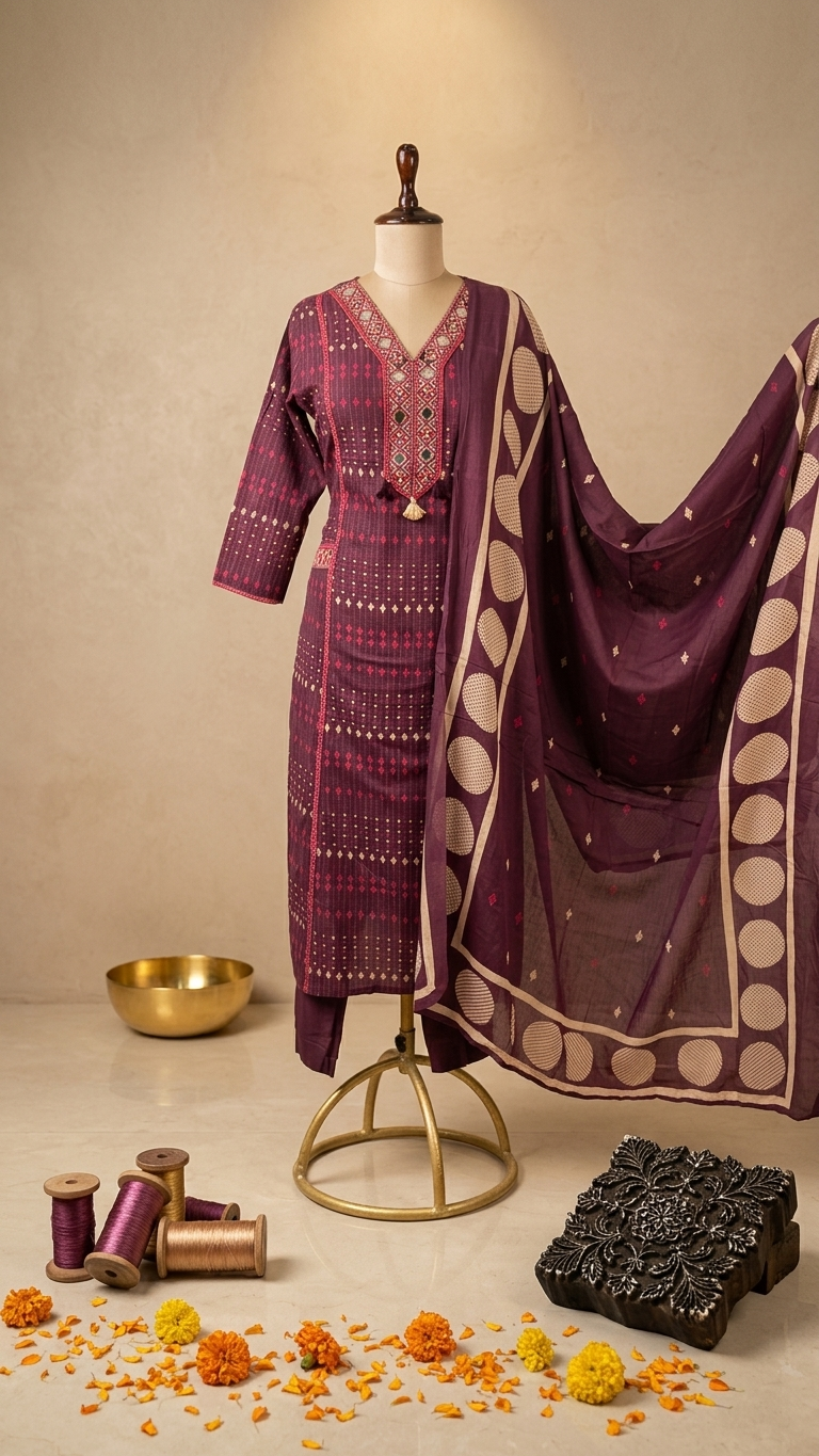 Wine Purple Geometric Print Kurti Set with Embroidered V-Neck and Matching Dupatta