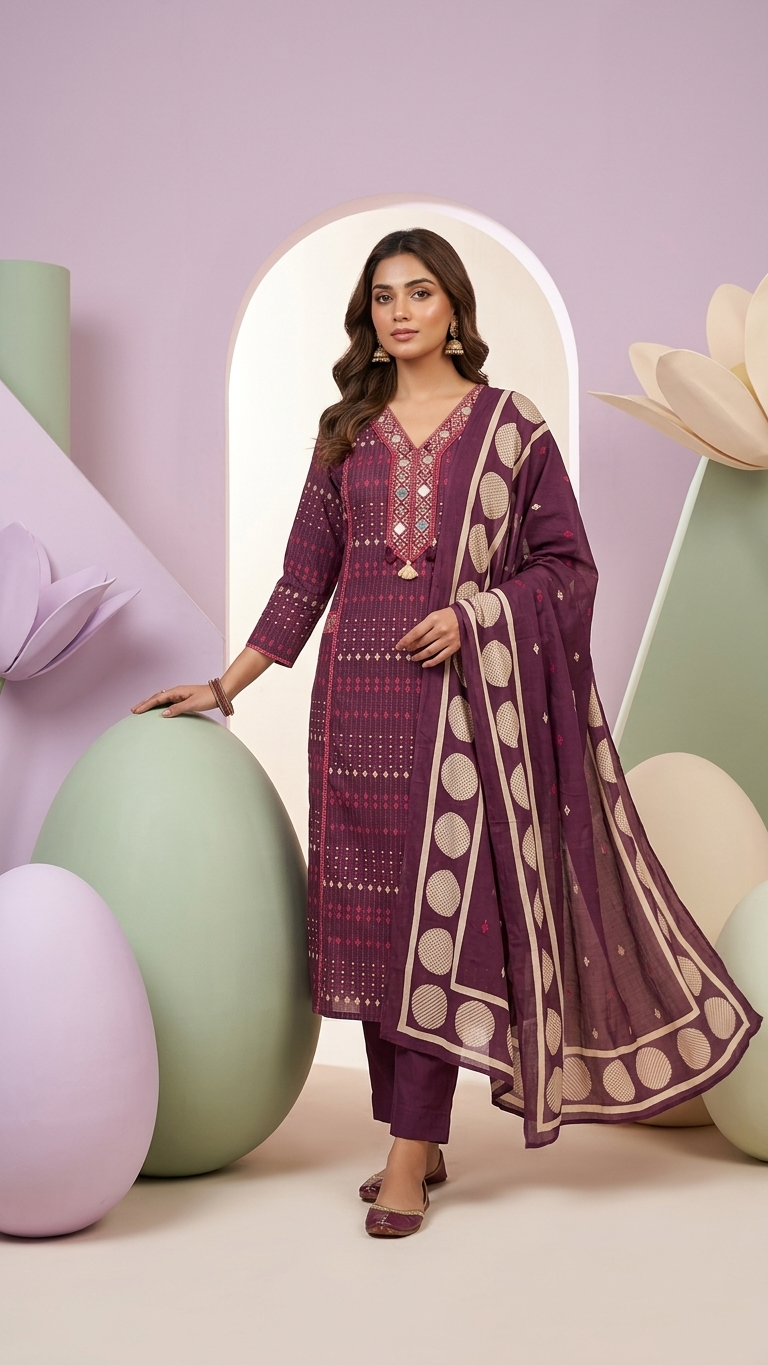 Wine Purple Geometric Print Kurti Set with Embroidered V-Neck and Matching Dupatta