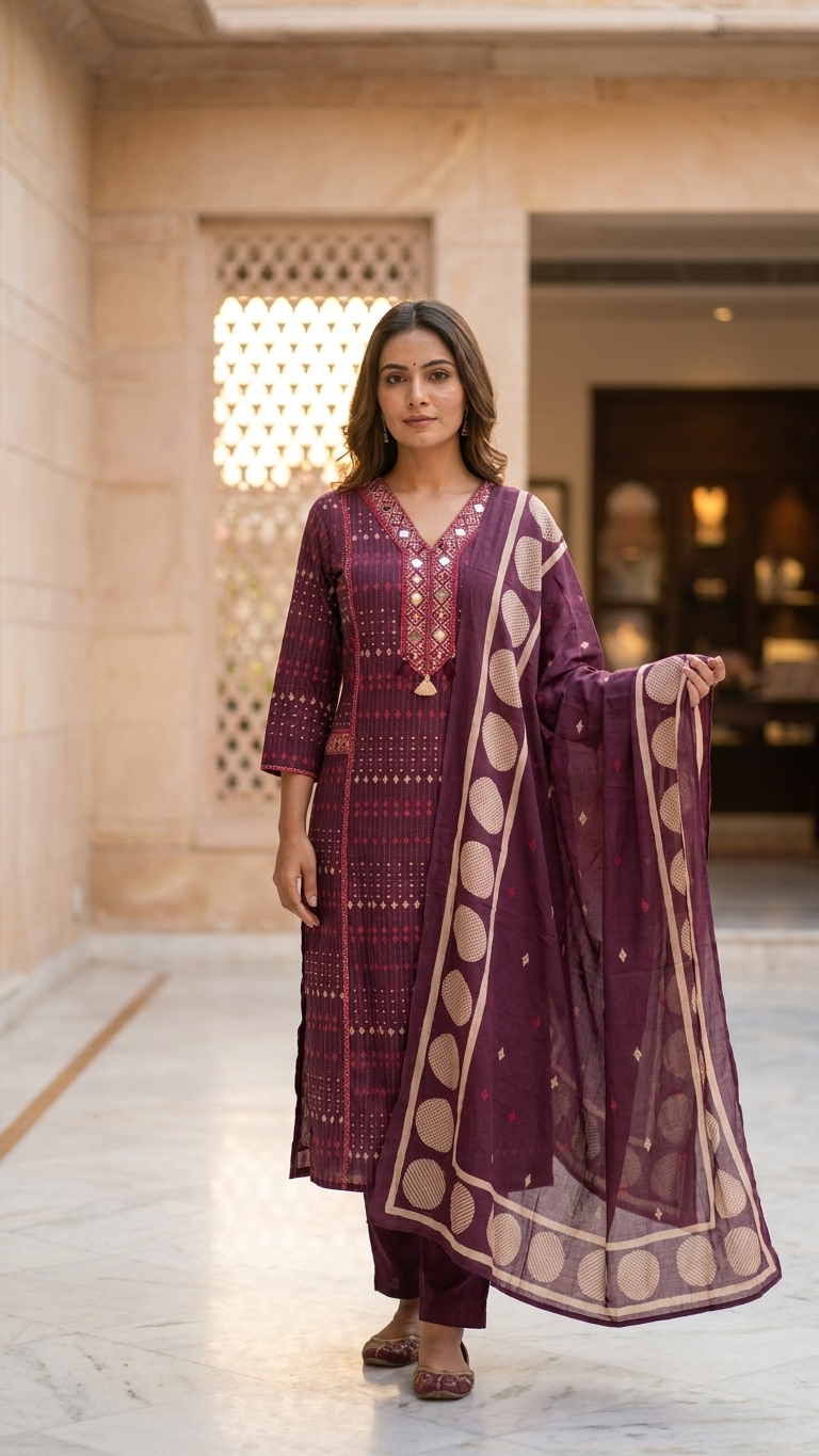 Wine Purple Geometric Print Kurti Set with Embroidered V-Neck and Matching Dupatta