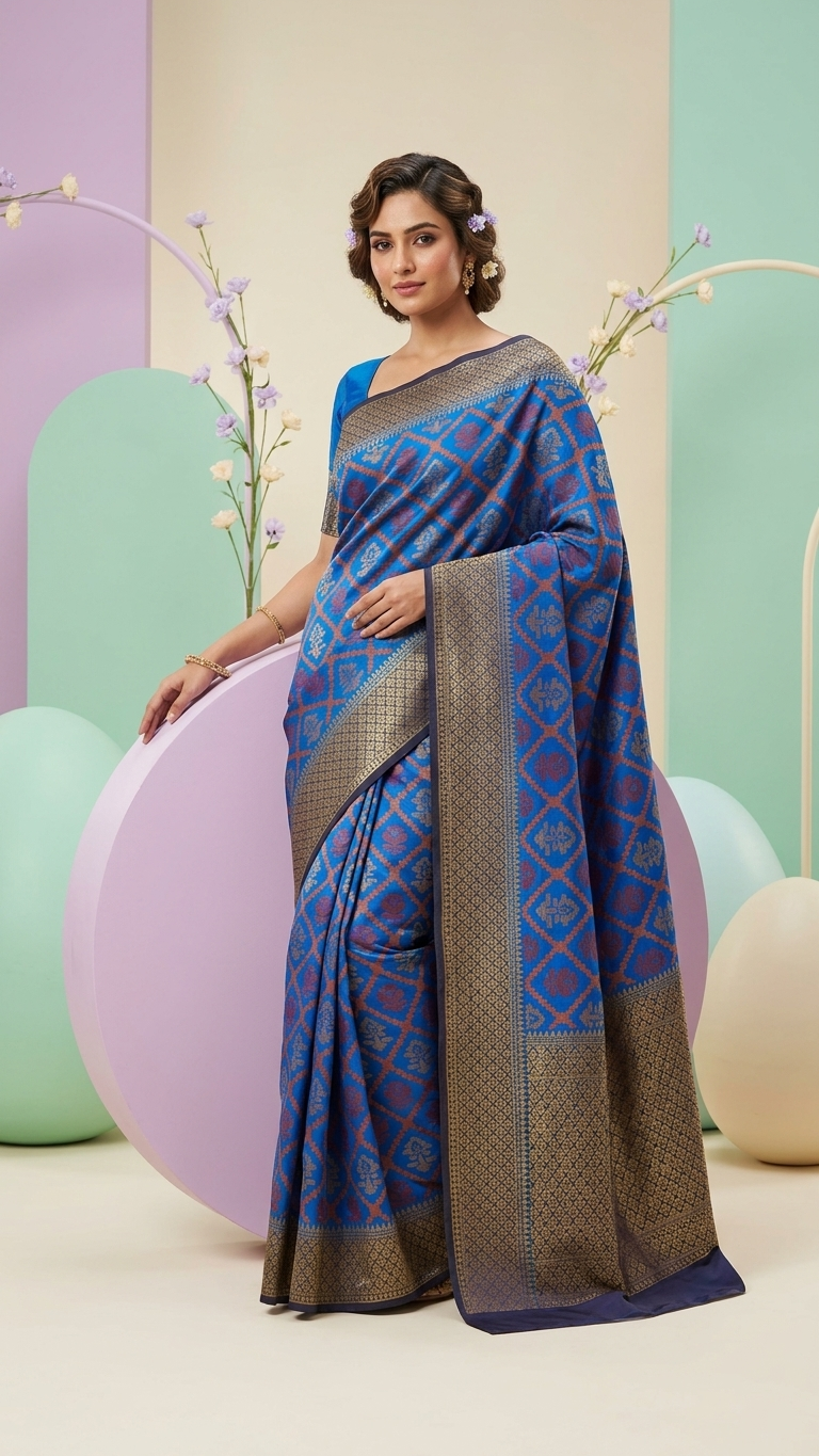 Royal Blue Patola Cotton Saree With Rich Zari Border