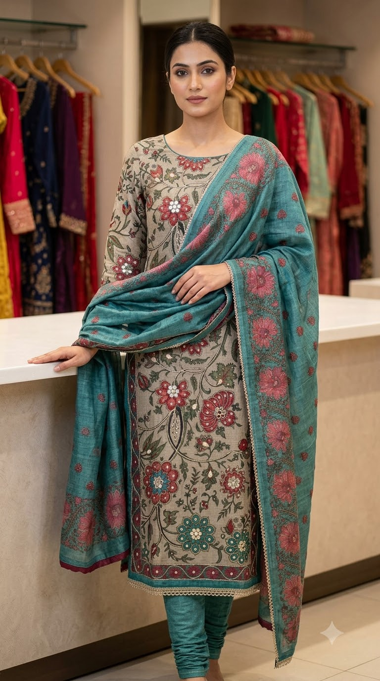 Women's Brown Printed Unstitched Suit Material with Dupatta