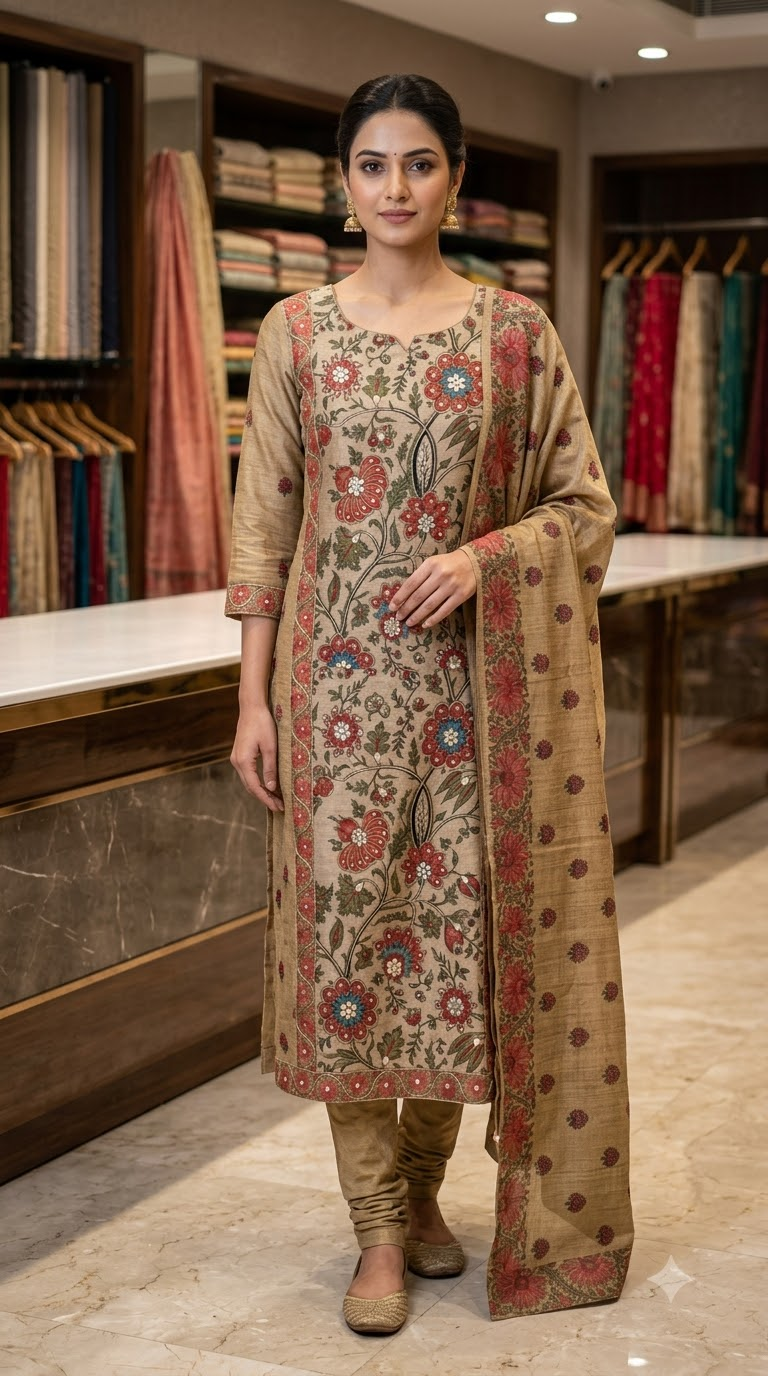 Women's Brown Printed Unstitched Suit Material with Dupatta