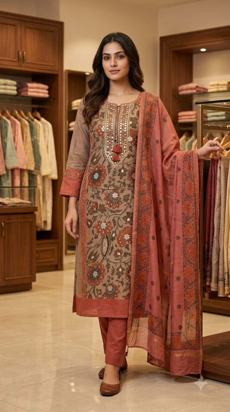 Women's Brown Printed Unstitched Suit Material with Dupatta