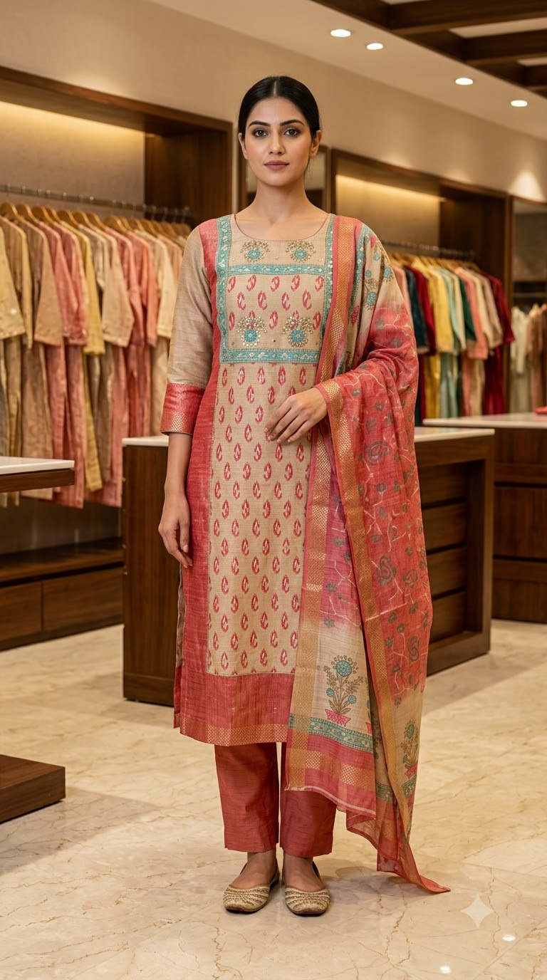 Women's Ethnic Printed Unstitched Dress Material Suit Set with Matching Dupatta