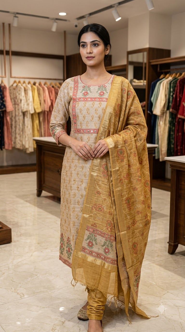 Women's Ethnic Printed Unstitched Dress Material Suit Set with Matching Dupatta