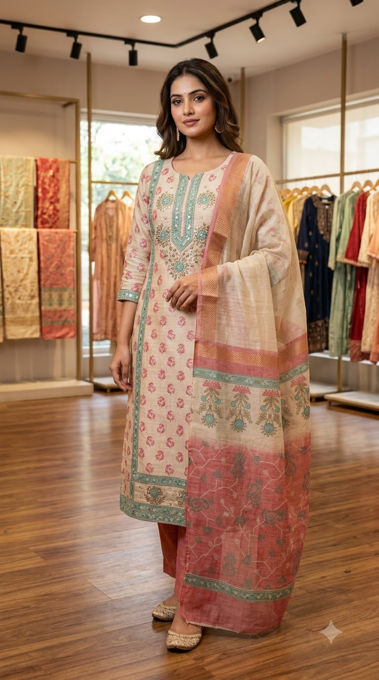 Women's Ethnic Printed Unstitched Dress Material Suit Set with Matching Dupatta